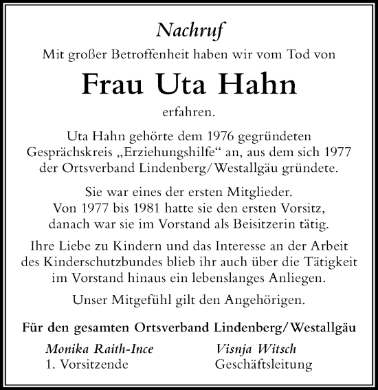 Traueranzeige von Uta Hahn von Der Westallgäuer