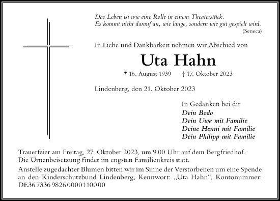 Traueranzeige von Uta Hahn von Der Westallgäuer