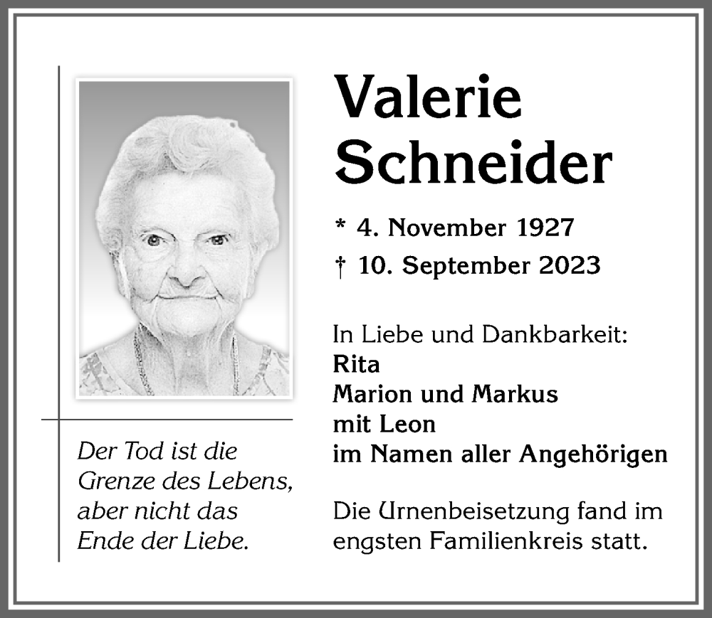  Traueranzeige für Valerie Schneider vom 04.10.2023 aus Allgäuer Zeitung,Kempten