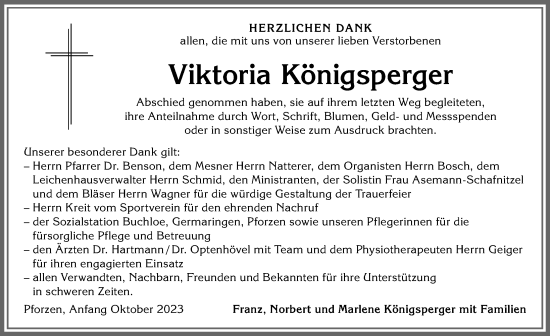 Traueranzeige von Viktoria Königsperger von Allgäuer Zeitung, Kaufbeuren/Buchloe