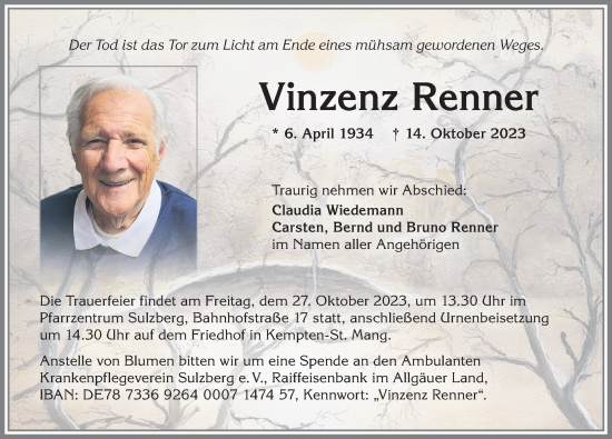 Traueranzeige von Vinzenz Renner von Allgäuer Zeitung,Kempten