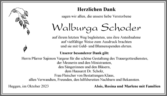 Traueranzeige von Walburga Schoder von Allgäuer Zeitung, Marktoberdorf