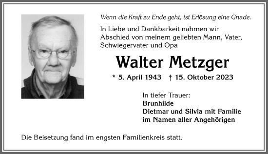 Traueranzeige von Walter Metzger von Allgäuer Zeitung,Kempten
