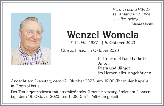 Traueranzeige von Wenzel Womela von Allgäuer Zeitung,Kempten