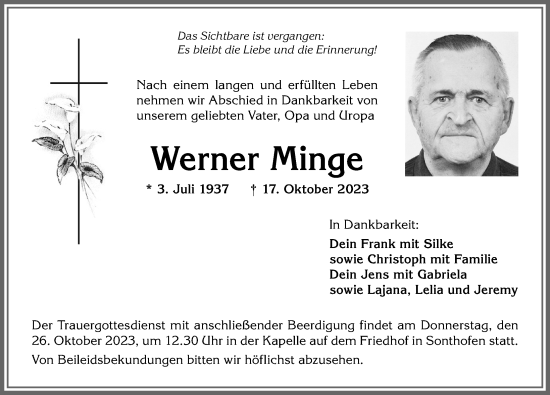 Traueranzeige von Werner Minge von Allgäuer Anzeigeblatt