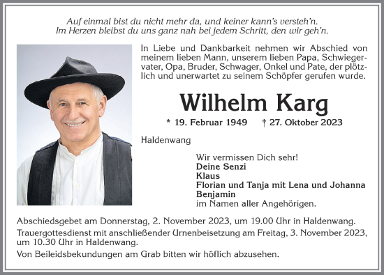 Traueranzeige von Wilhelm Karg von Allgäuer Zeitung,Kempten