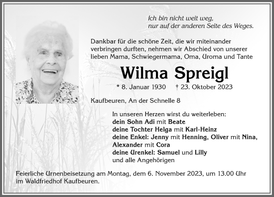 Traueranzeige von Wilma Spreigl von Allgäuer Zeitung, Kaufbeuren/Buchloe