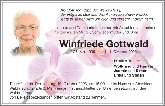 Traueranzeige von Winfriede Gottwald Gottwald von Memminger Zeitung