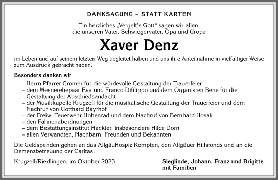 Traueranzeige von Xaver Denz von Allgäuer Zeitung,Kempten