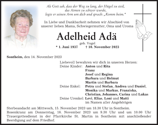 Traueranzeige von Adelheid Adä von Memminger Zeitung