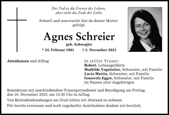 Traueranzeige von Agnes Schreier von Augsburger Allgemeine, Aichacher Nachrichten