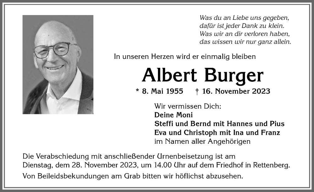  Traueranzeige für Albert Burger vom 23.11.2023 aus Allgäuer Anzeigeblatt