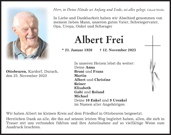 Traueranzeige von Albert Frei von Memminger Zeitung