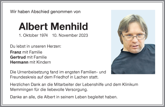 Traueranzeige von Albert Menhild von Memminger Zeitung