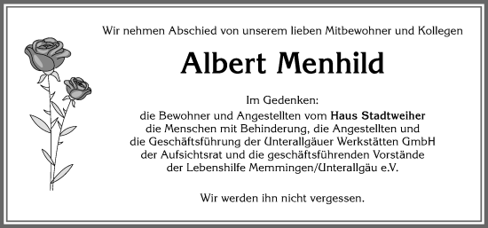 Traueranzeige von Albert Menhild von Memminger Zeitung