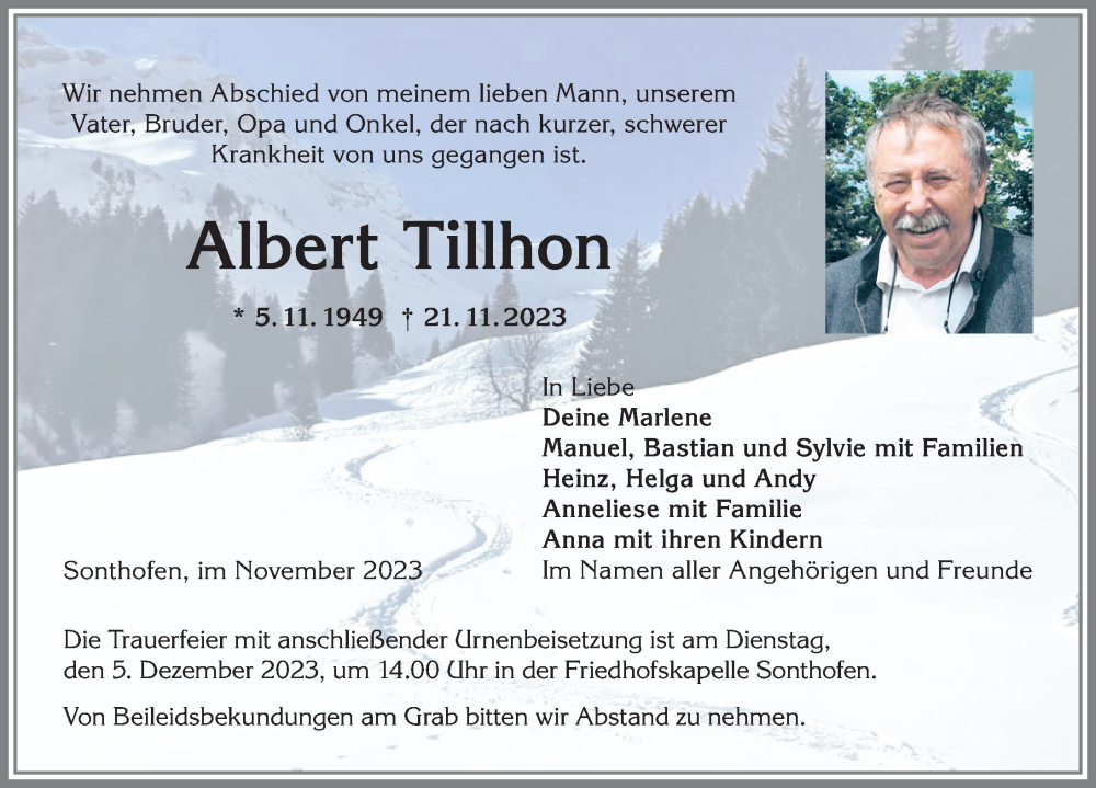 Traueranzeige für Albert Tillhon vom 28.11.2023 aus Allgäuer Anzeigeblatt