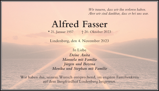 Traueranzeige von Alfred Fasser von Der Westallgäuer