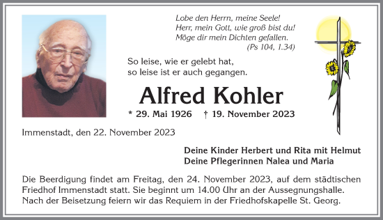 Traueranzeige von Alfred Kohler von Allgäuer Anzeigeblatt