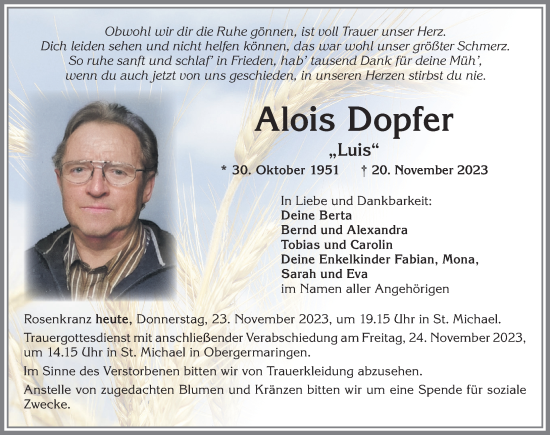 Traueranzeige von Alois Dopfer von Allgäuer Zeitung, Kaufbeuren/Buchloe