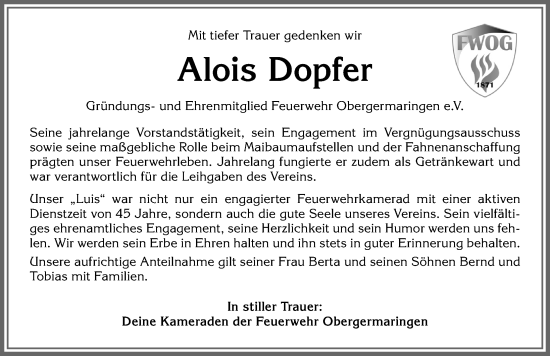 Traueranzeige von Alois Dopfer von Allgäuer Zeitung, Kaufbeuren/Buchloe
