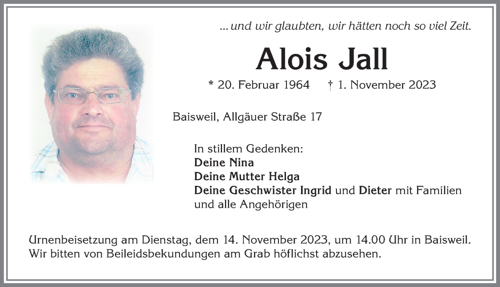  Traueranzeige für Alois Jall vom 11.11.2023 aus Allgäuer Zeitung, Kaufbeuren/Buchloe