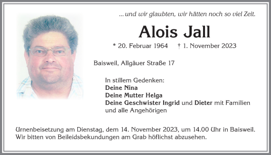 Traueranzeige von Alois Jall von Allgäuer Zeitung, Kaufbeuren/Buchloe