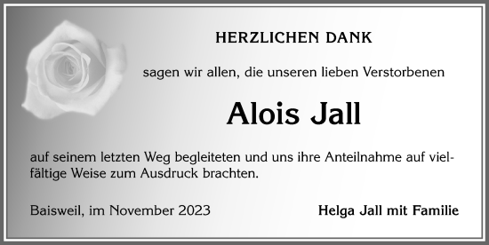 Traueranzeige von Alois Jall von Allgäuer Zeitung, Kaufbeuren/Buchloe
