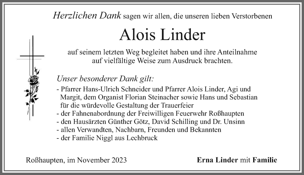  Traueranzeige für Alois Linder vom 25.11.2023 aus Allgäuer Zeitung, Füssen