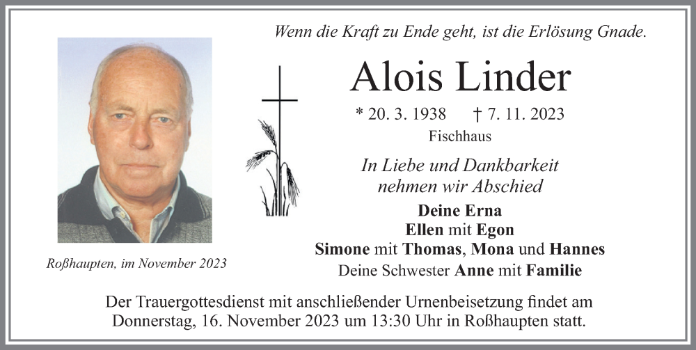  Traueranzeige für Alois Linder vom 13.11.2023 aus Allgäuer Zeitung, Füssen