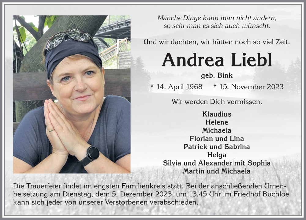  Traueranzeige für Andrea Liebl vom 30.11.2023 aus Allgäuer Zeitung, Kaufbeuren/Buchloe
