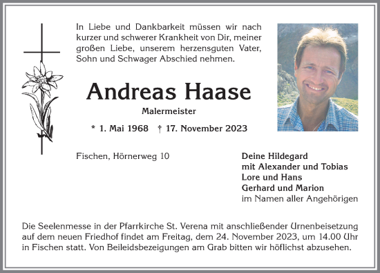 Traueranzeige von Andreas Haase von Allgäuer Anzeigeblatt