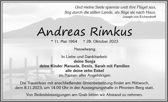Traueranzeige von Andreas Rimkus von Allgäuer Zeitung, Füssen