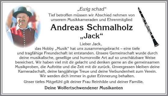 Traueranzeige von Andreas Schmalholz von Memminger Zeitung