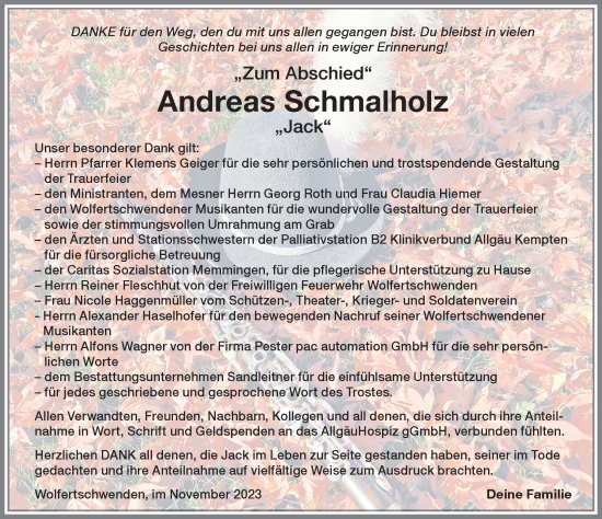 Traueranzeige von Andreas Schmalholz von Memminger Zeitung