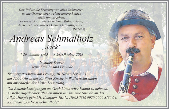 Traueranzeige von Andreas Schmalholz von Memminger Zeitung