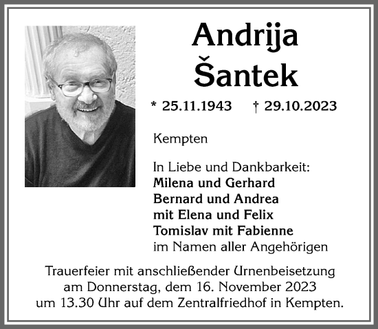 Traueranzeige von Andrija Santek von Allgäuer Zeitung,Kempten