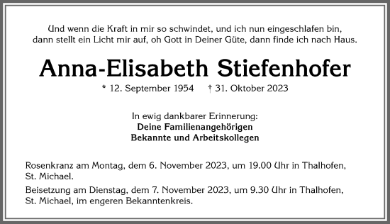 Traueranzeige von Anna-Elisabeth Stiefenhofer von Allgäuer Zeitung, Marktoberdorf