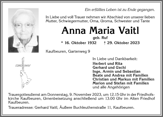 Traueranzeige von Anna Maria Vaitl von Allgäuer Zeitung, Kaufbeuren/Buchloe