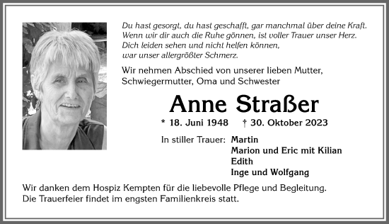 Traueranzeige von Anne Straßer von Allgäuer Anzeigeblatt