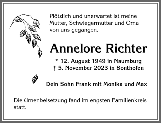 Traueranzeige von Annelore Richter von Allgäuer Anzeigeblatt