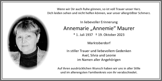 Traueranzeige von Annemarie Maurer von Allgäuer Anzeigeblatt