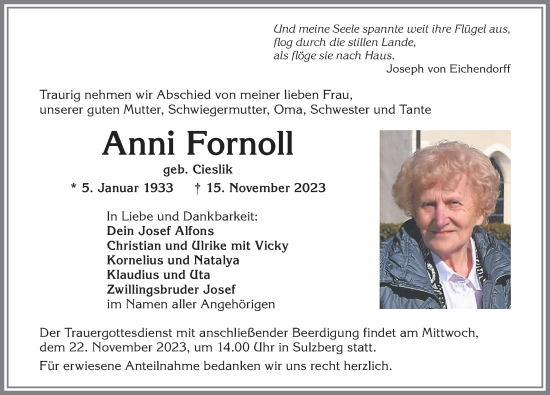 Traueranzeige von Anni Fornoll von Allgäuer Zeitung,Kempten