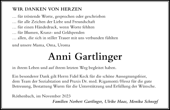 Traueranzeige von Anni Gartlinger von Der Westallgäuer