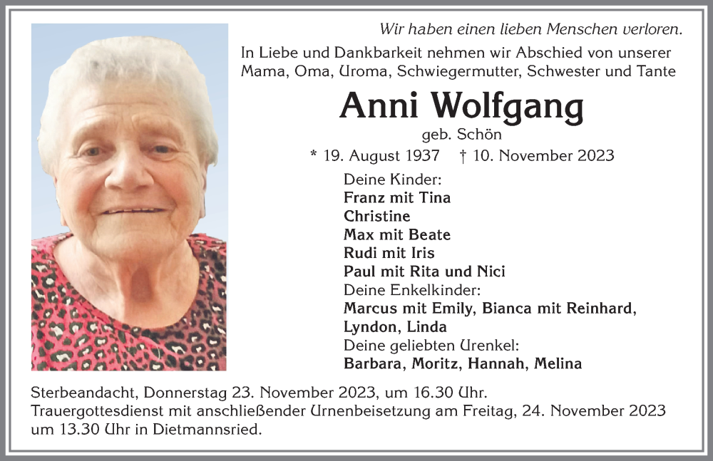  Traueranzeige für Anni Wolfgang vom 18.11.2023 aus Allgäuer Zeitung,Kempten