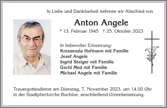 Traueranzeige von Anton Angele von Allgäuer Zeitung, Kaufbeuren/Buchloe