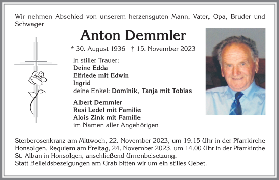 Traueranzeige von Anton Demmler von Allgäuer Zeitung, Kaufbeuren/Buchloe