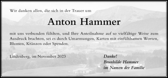 Traueranzeige von Anton Hammer von Der Westallgäuer