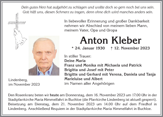 Traueranzeige von Anton Kleber von Allgäuer Zeitung, Kaufbeuren/Buchloe