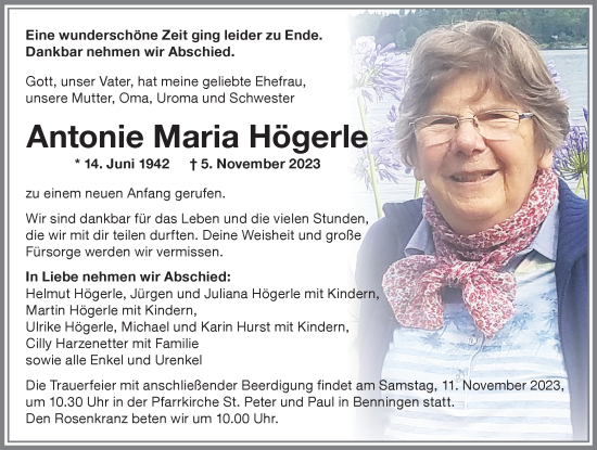 Traueranzeige von Antonie Maria Högerle von Memminger Zeitung