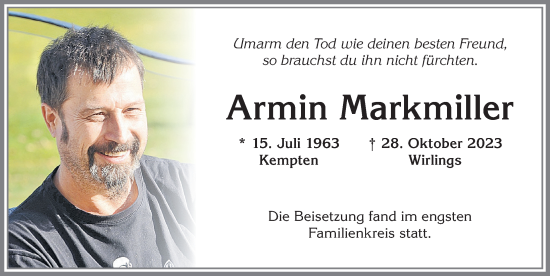 Traueranzeige von Armin Markmiller von Allgäuer Zeitung,Kempten